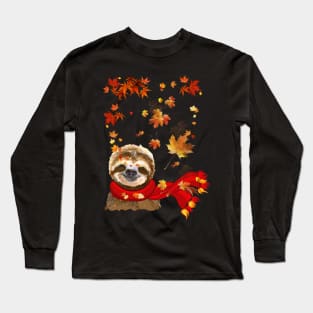 Maple Leaf Sloth Fall Hello Autumn Gift Long Sleeve T-Shirt